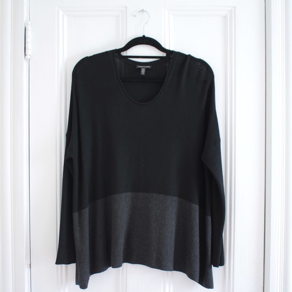 Eileen Fisher Viscose Stretch Knit Colorblock Charcoal Black Sweater Top Sz‎ S - Picture 1 of 12